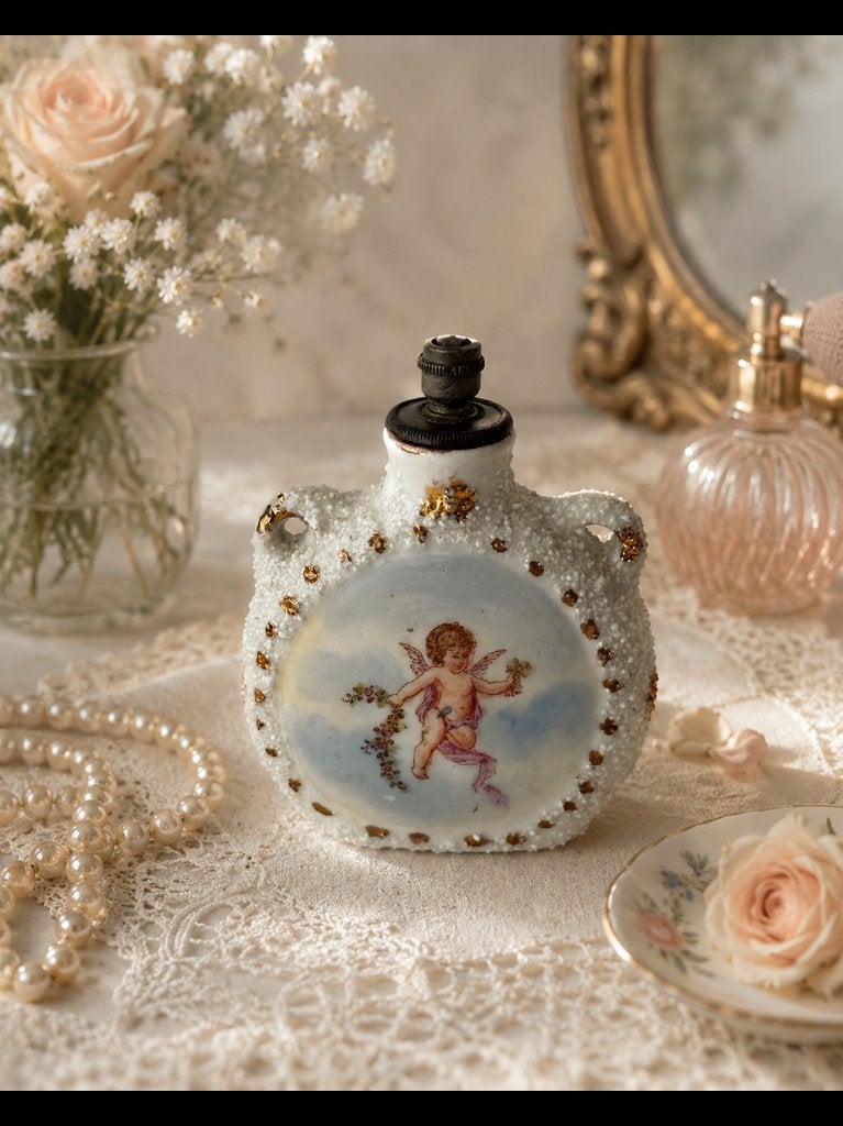 Oud porseleinen parfumflesje met engeltje, Verzamelen, Parfumverzamelingen, Verzenden, Gebruikt, Parfumfles