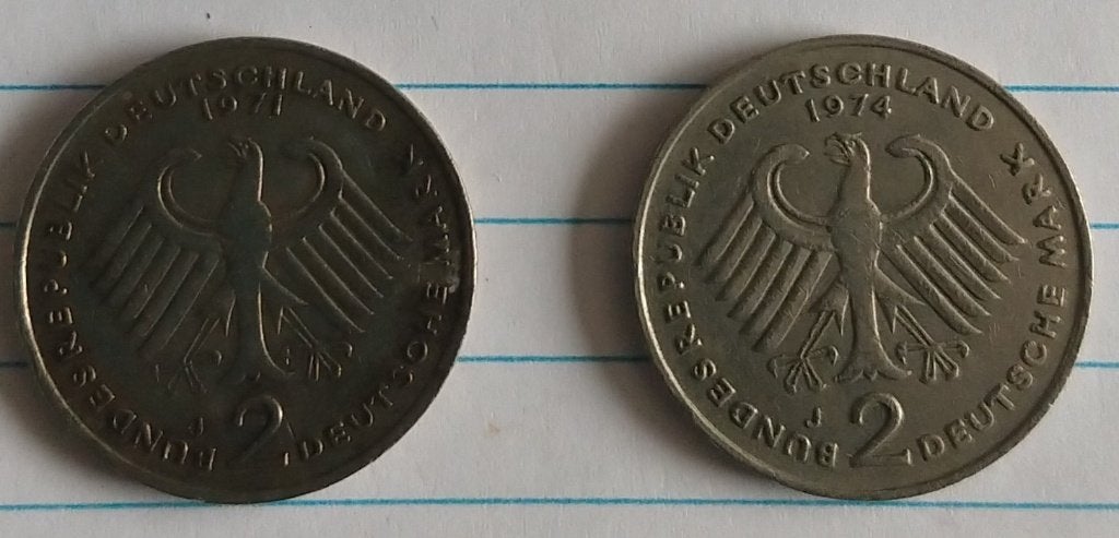 duitse munten uit 1971 en 1974, 2 mark munten, volgnr 47, Ophalen of Verzenden, Duitsland, Losse munt