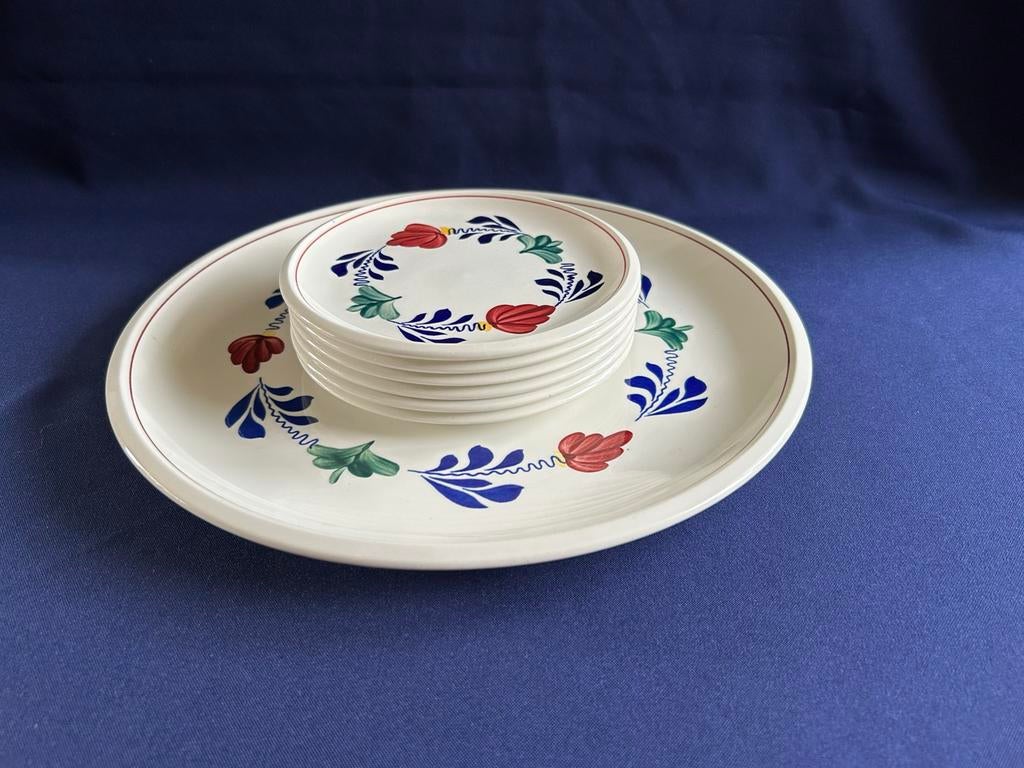 Boerenbont gebakschaal met 6 bordjes, Gebruikt, Ophalen of Verzenden, Bord(en), Aardewerk