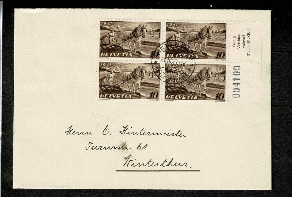 FDC Zwitserland 1941.21.3 - Michel 386 met velnummer, Verzenden, Beschreven, Europa