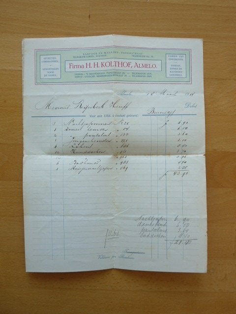Rekening Firma H.H. Kolthof, Almelo 1914, Fabriek van, Ophalen of Verzenden, Gelezen