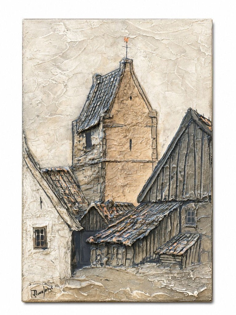 Vintage reliëfschilderij dorpsgezicht met kerktoren, Hout, Gemengde techniek, Stadsgezicht, Met textuur