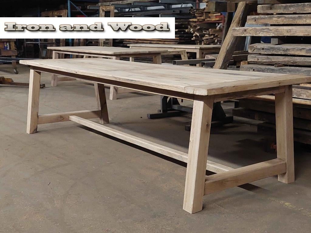 Oud eiken A poot maatwerk kloostertafel van wagonplanken, Ophalen
