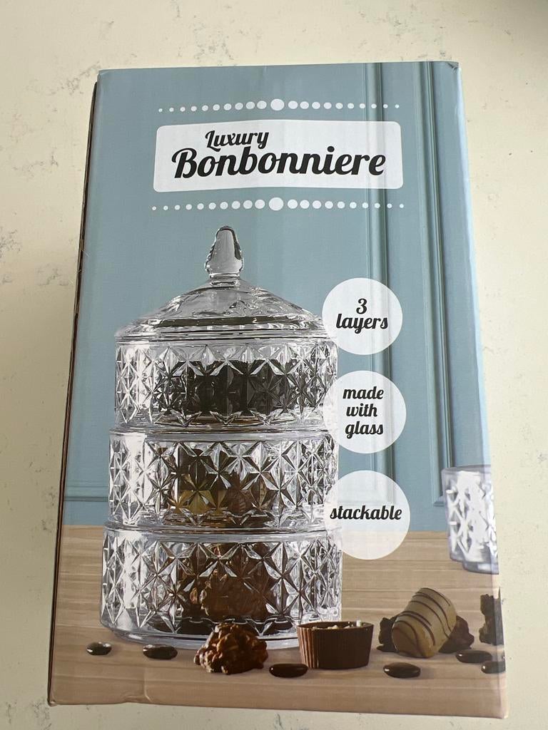 Luxe Bonbonnière van glas - 3 lagen stapelbaar, Huis en Inrichting, Woonaccessoires | Etagères, Ophalen of Verzenden, Nieuw