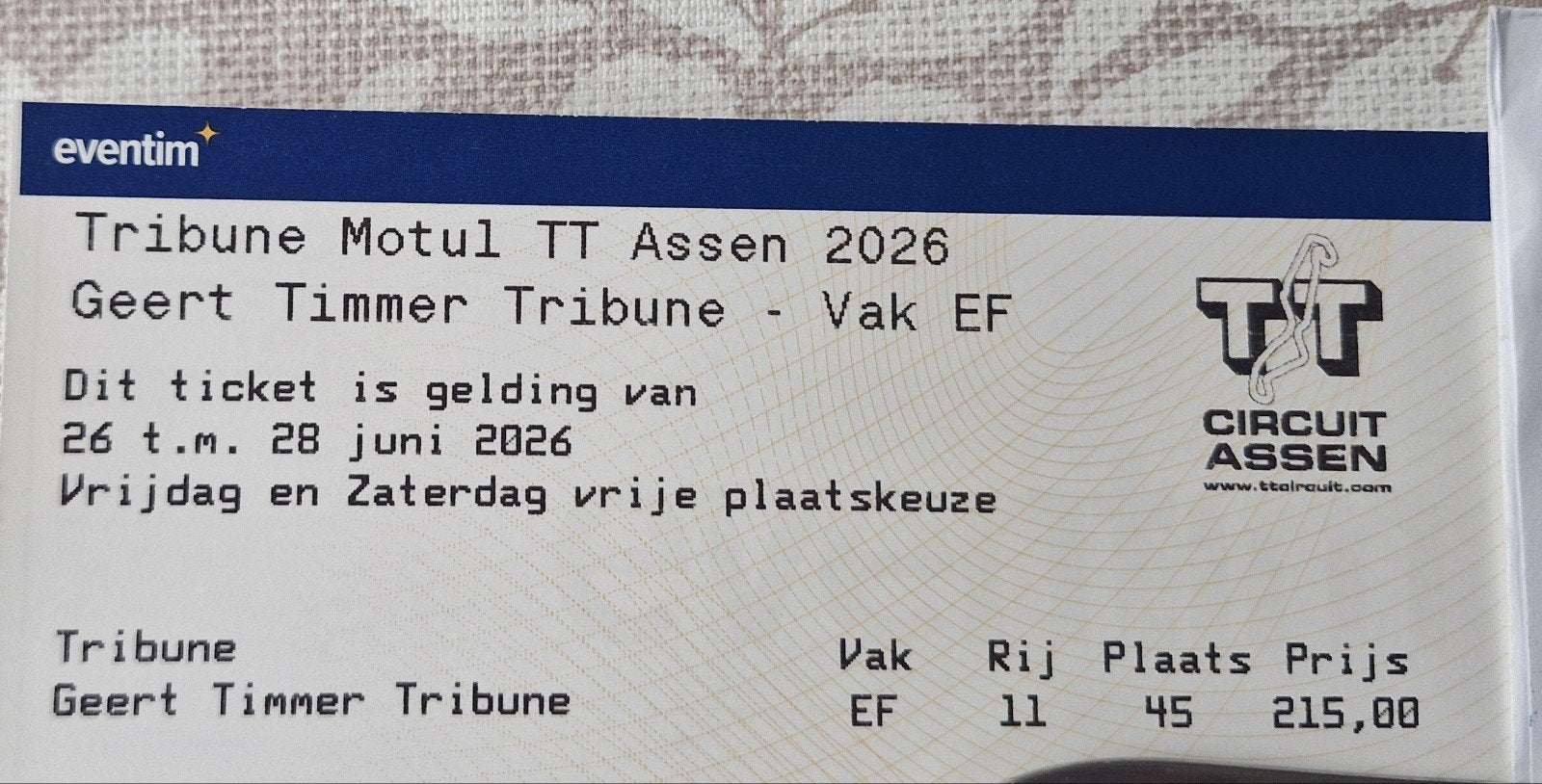 Weekend ticket MOTO GP  TT ASSEN Geert Timmer tribune, Eén persoon, Juni