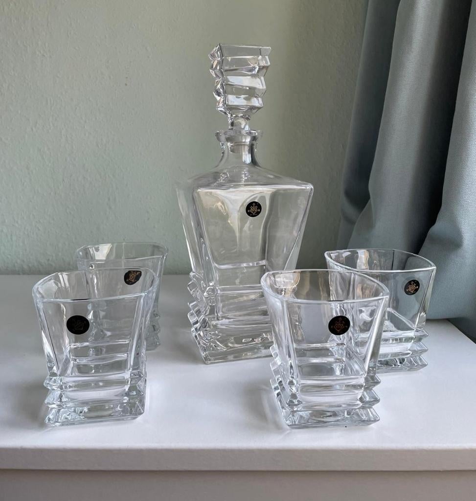 Kristal whiskey karaf met 4 glazen - 5 delige, Ophalen, Nieuw, Borrel- of Shotglas