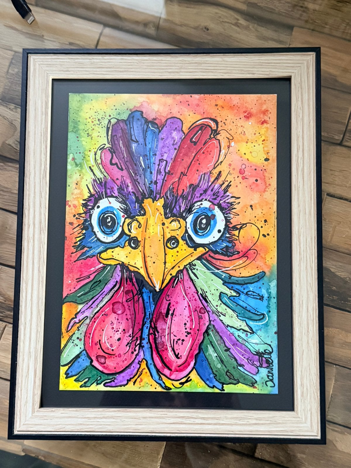 Vrolijke kunst Haan Aquarel in lijst, Antiek en Kunst, Kunst | Schilderijen | Abstract, Verzenden