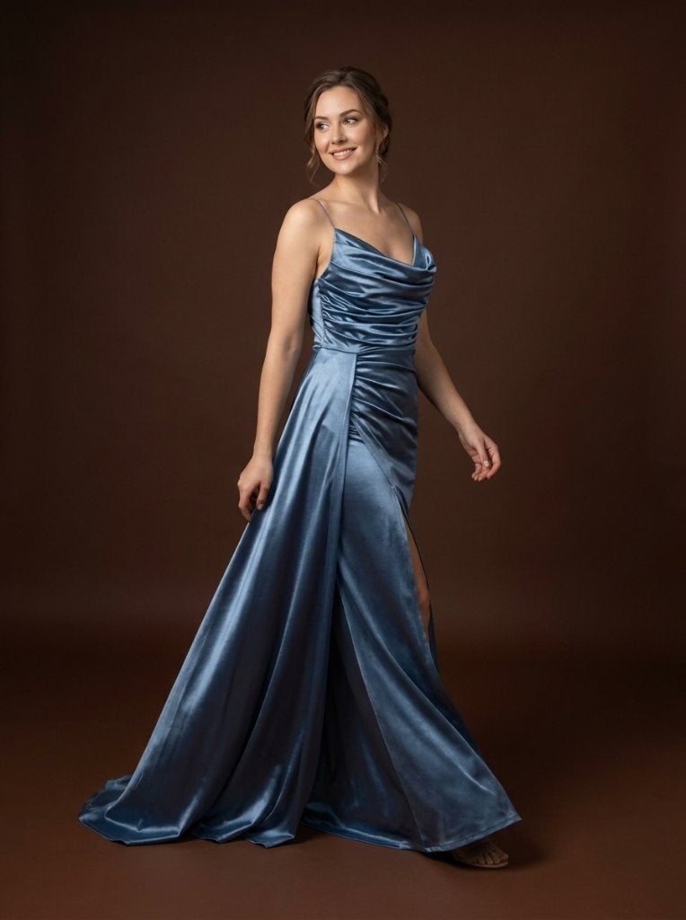 Emir Ela - Staalblauwe satijnen jurk met hoge split, Kleding | Dames, Galajurk, Blauw, Maat 42/44 (L), Ophalen of Verzenden