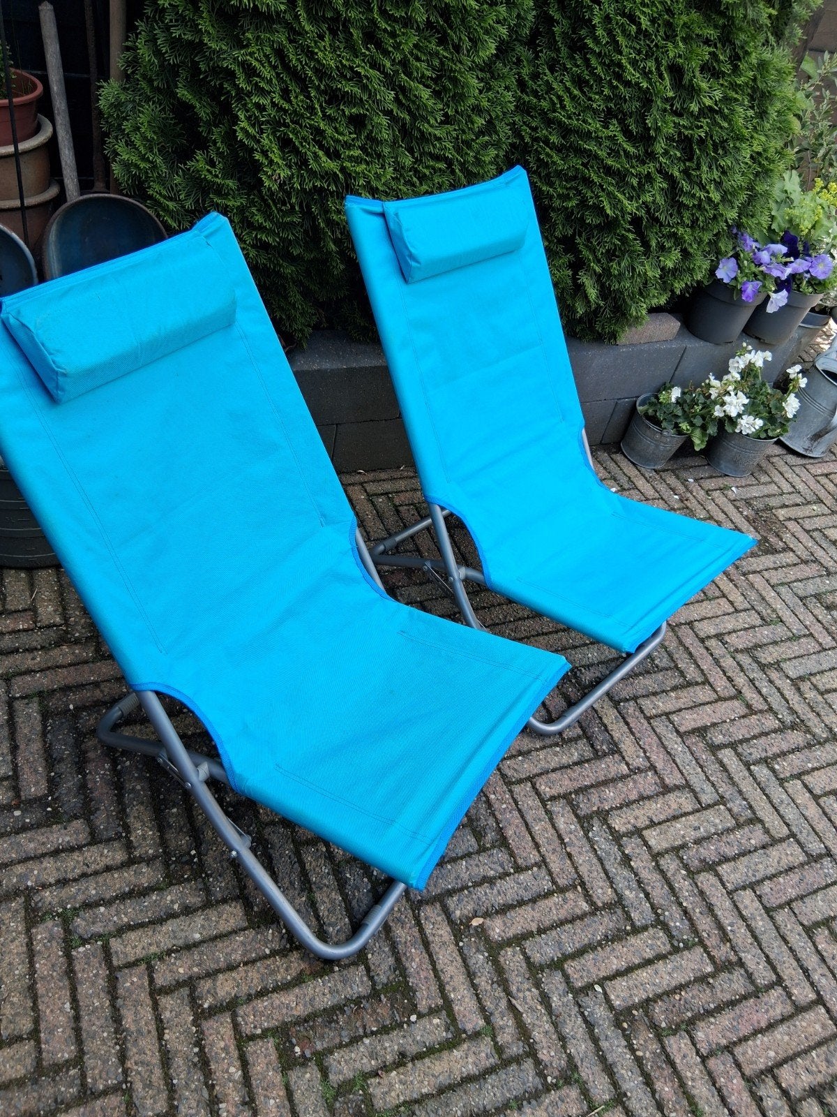 Twee comfortabele strandstoelen - blauw, Ophalen of Verzenden, Gebruikt, Metaal, Verstelbaar
