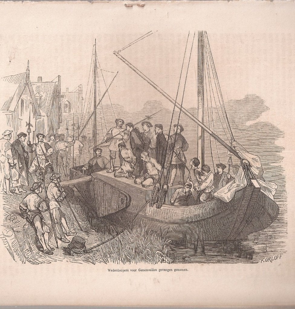 Wederdoopers voor Genemuiden gevangen genomen houtgravure, Antiek en Kunst, Gesigneerd, Gravure, 15 cm, 16 cm