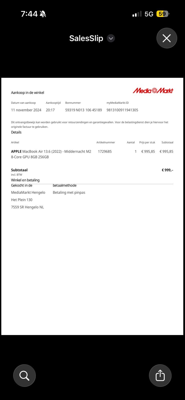 Apple MacBook Air 13.6 (2022) M2 8-Core GPU 8GB 256GB, Computers en Software, Ophalen, 256 GB, Qwerty, 8 GB
