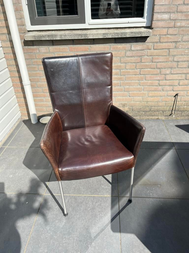 6 leren stoelen (tafel is verkocht), Ophalen, Gebruikt, Eikenhout, 200 cm of meer