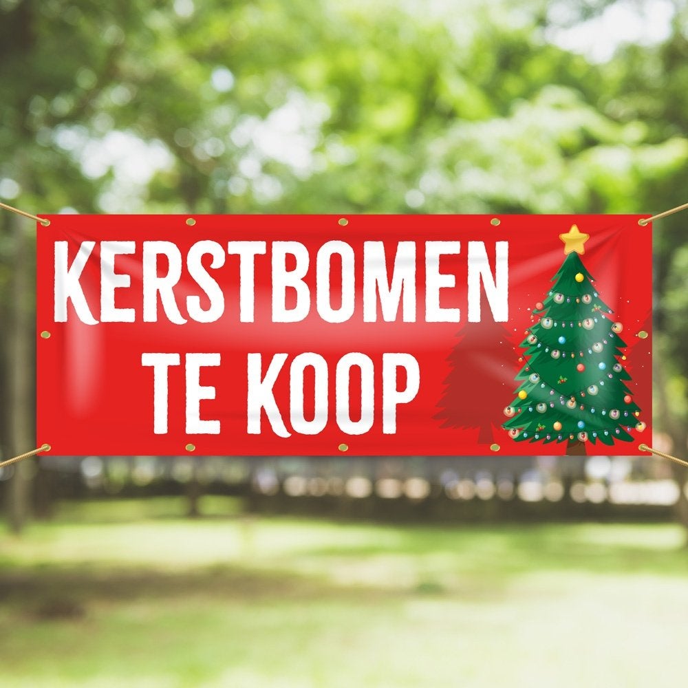 Spandoek Kerstbomen te koop – rood 150x50cm, Ophalen of Verzenden, Nieuw, Versiering, Kerst of Sinterklaas
