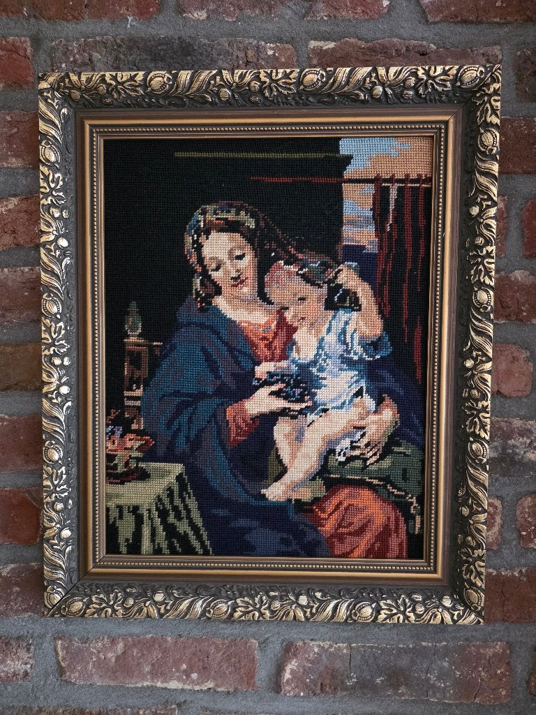 Handgemaakt gobelin Borduurwerk Madonna met kind, Ophalen of Verzenden