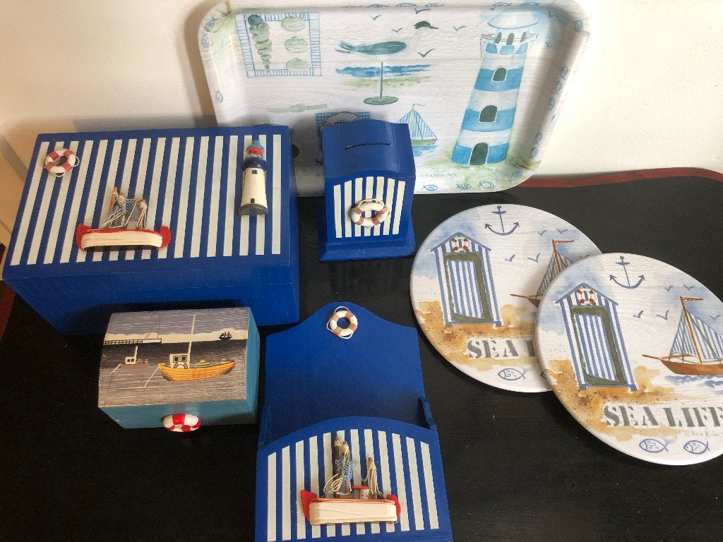 Set 7 dlg woonaccessoires nautisch, strand, zee, marine, Ophalen of Verzenden, Gebruikt, Blauw