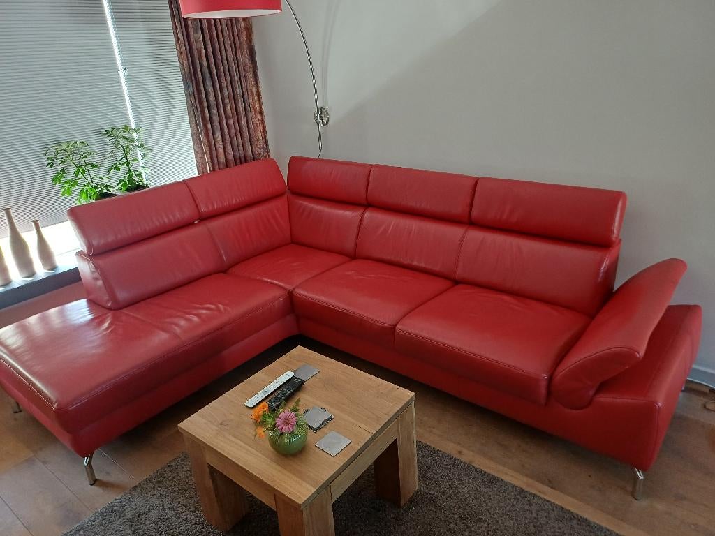 Leren rode Montel hoekbank met poef, Huis en Inrichting, Ophalen, Gebruikt, 125 cm of meer, Leer