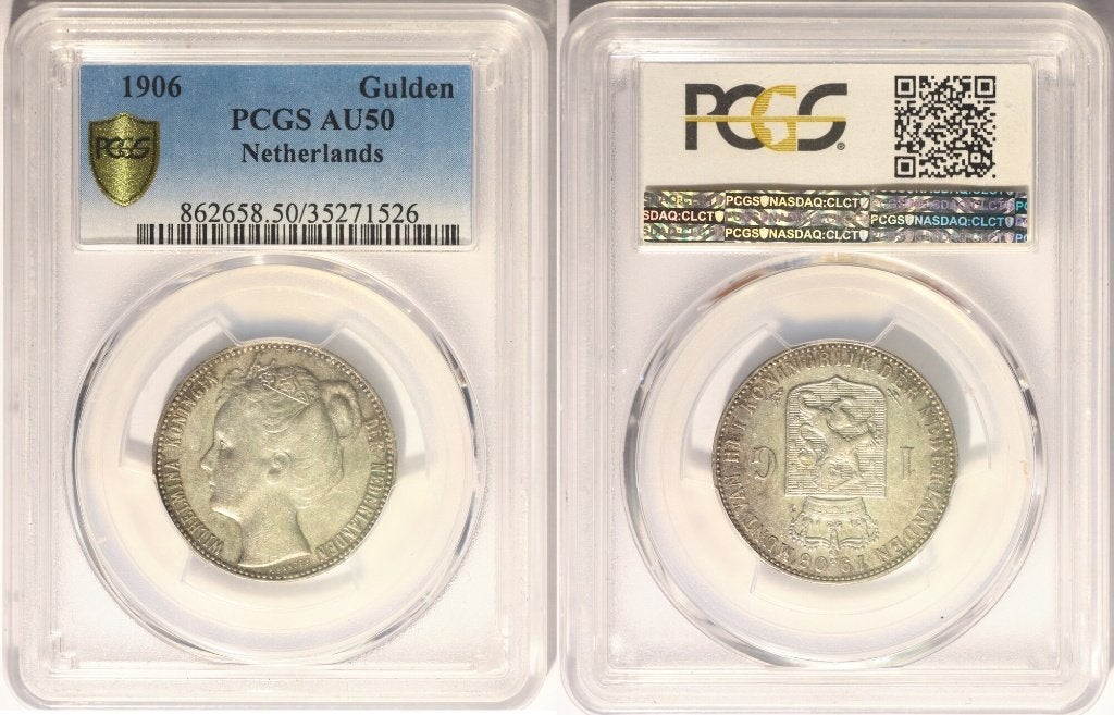 Nederland - 1 Gulden 1906 in PCGS slab AU50 - ZELDZAAM, Postzegels en Munten, Munten | Nederland, 1 gulden, Zilver, Ophalen of Verzenden