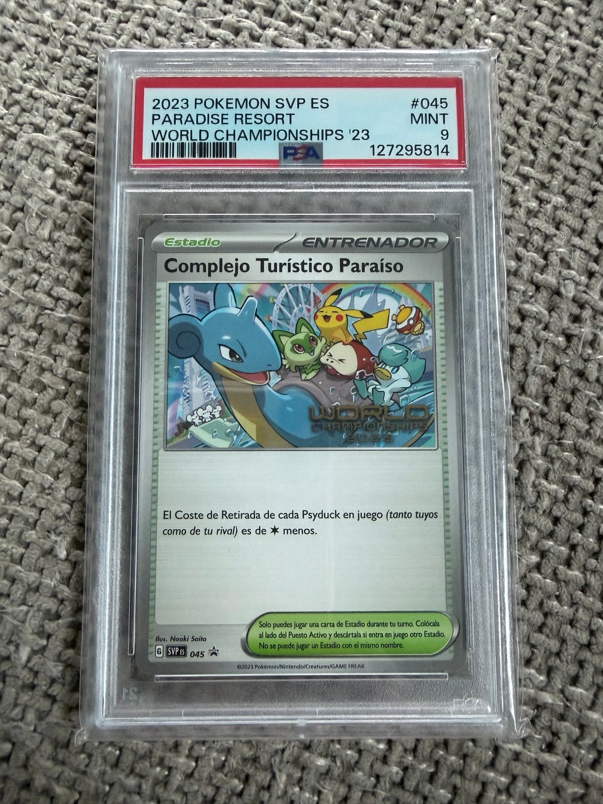 Pokémon TCG Paradise Resort World Championships '23 PSA 9, Ophalen of Verzenden, Zo goed als nieuw, Losse kaart