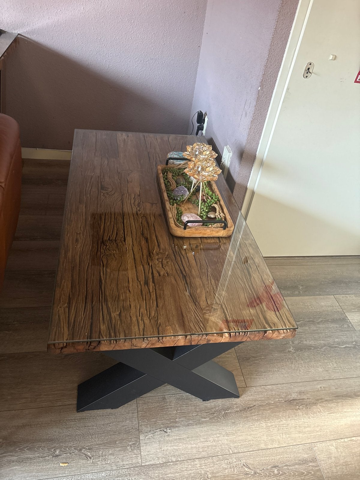 Salontafel met massief 🪵 blad en metalen onderstel, Ophalen, Gebruikt, 100 tot 150 cm, 50 tot 100 cm