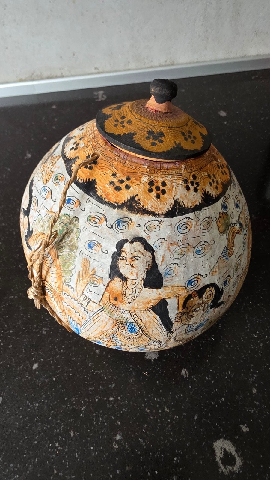 Kunstwerk handbeschilderde Balinese kalebas Volkskunst, Meerkleurig, Object, Handgemaakt, Ophalen of Verzenden