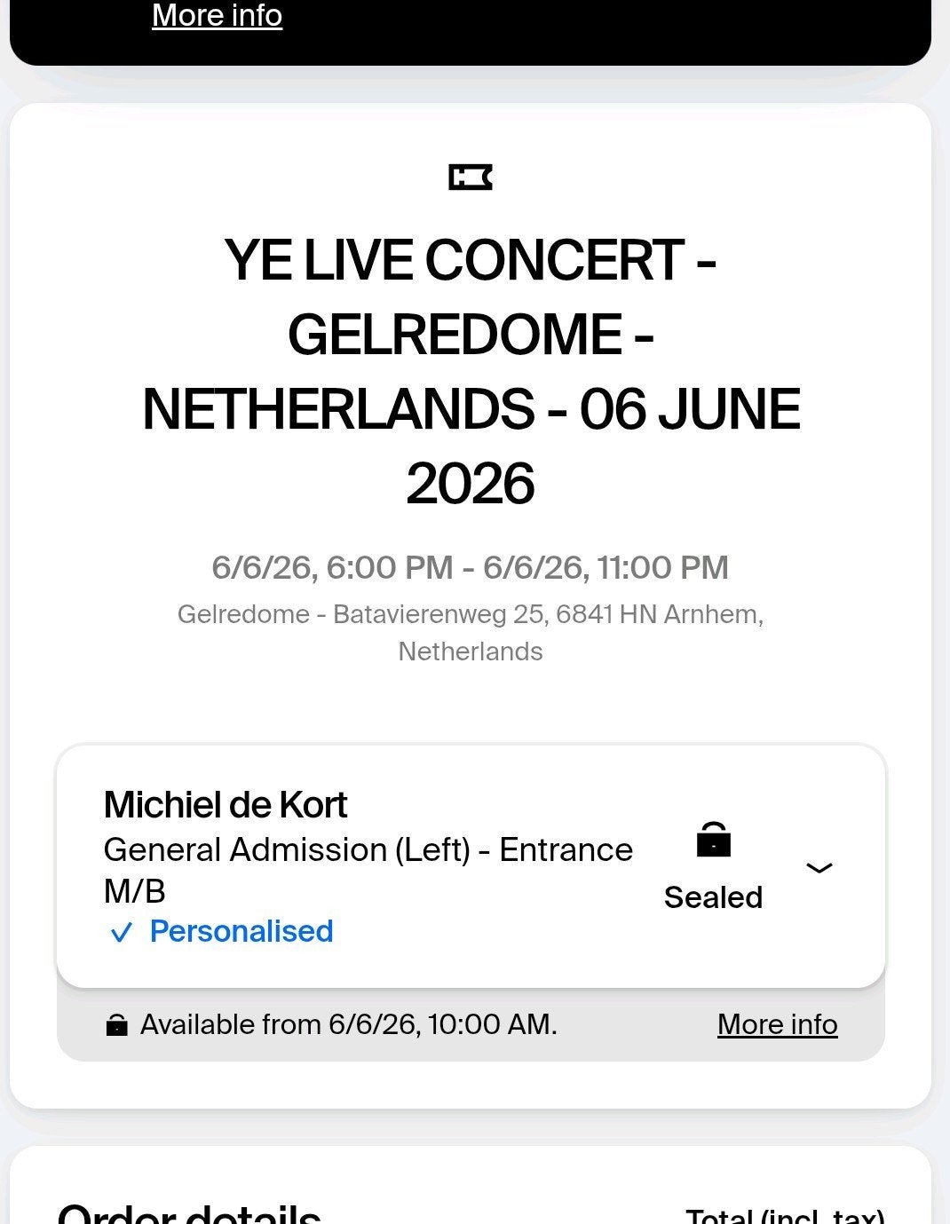 Ticket Ye Gelredome 6 juni ( staanplaats), Tickets en Kaartjes, Eén persoon, Juni