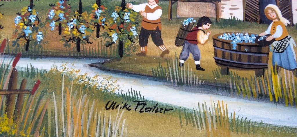 Jaren 90 MINIATUUR Schilderij Druivenoogst Ulrike Platzer, Paneel, Overige stijlen, Ophalen of Verzenden, Gesigneerd