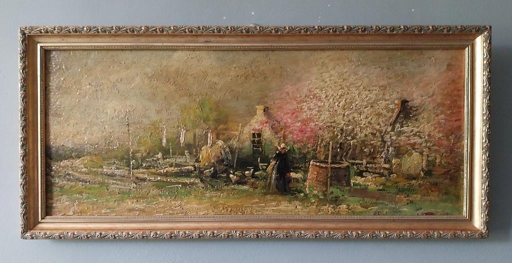 Antony Beek (1882-1954) - Boerin met kippen - Paneel - 1900, Ophalen of Verzenden