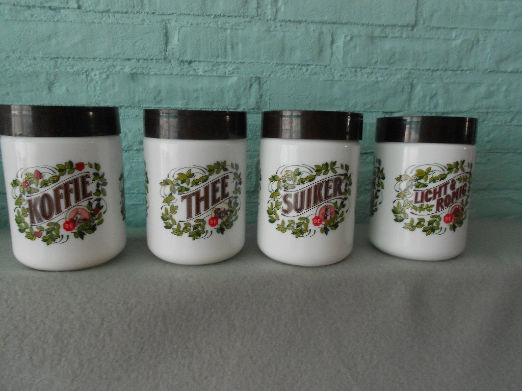 4 D.E. voorraad potten koffie thee suiker licht & romig, Ophalen, Voorraadpot, Overige merken, Glas