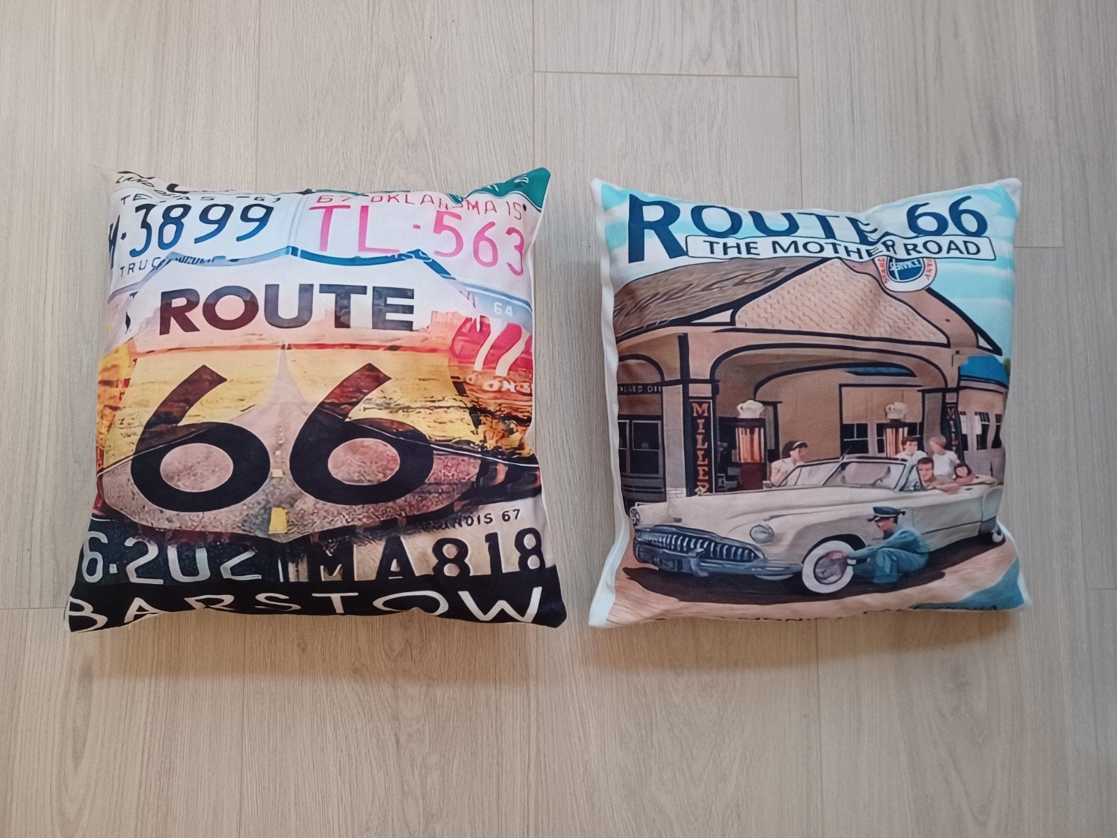 Route 66 kussens, Barstow en Santa Monica, Ophalen of Verzenden, Winkel, Super of Benzinepomp, Overige typen
