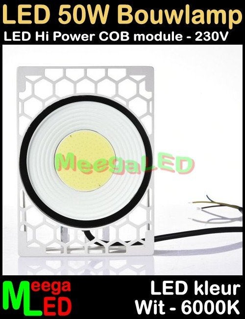 LED Bouwlamp Floodlight 1x 50W COB LED Honingraad Wit-6000k, Ophalen of Verzenden, Nieuw, 50 tot 200 watt, Lamp met armatuur