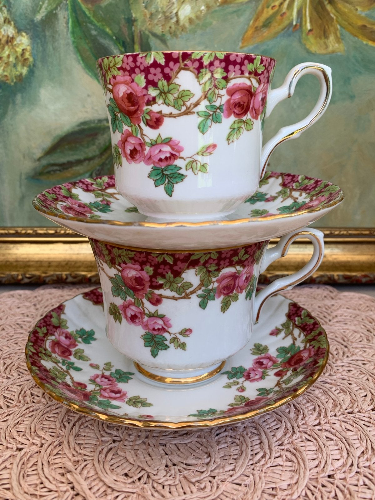 Set van 2 Vintage Royal Stafford Kop en Schotel - Rozen, Overige merken, Vintage, Ophalen of Verzenden, Zo goed als nieuw
