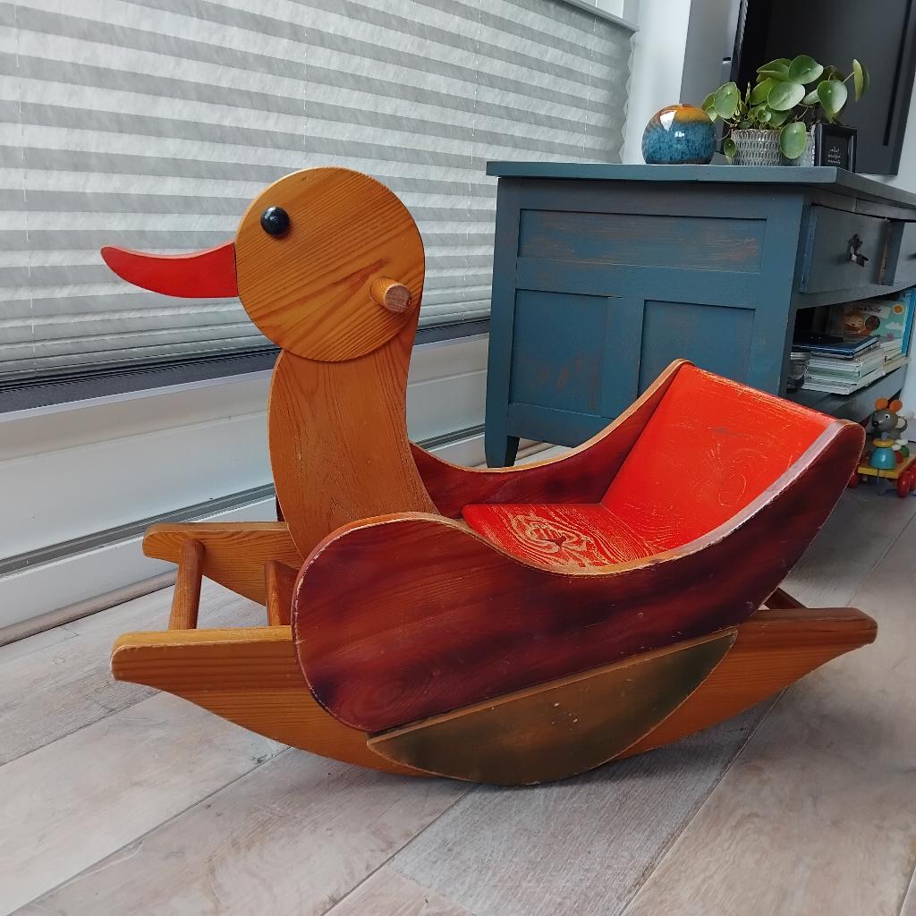 Vintage, robuuste houten hobbel eend, jari-toys, Ophalen, Gebruikt