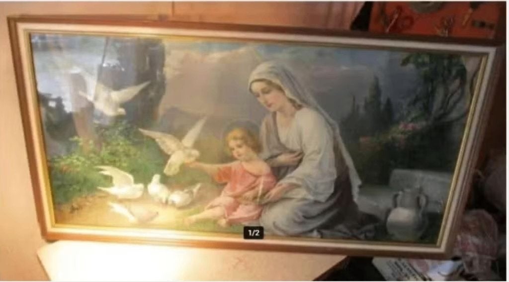 Prachtige Antieke religieuze Prent - Maria en Jezus - 106x56, Antiek en Kunst, Ophalen of Verzenden