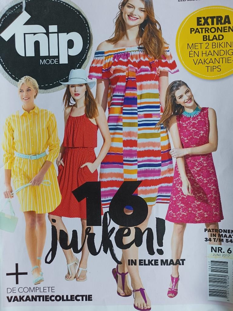 Knipmode juni 2017 met patronen voor 16 jurken, Hobby en Vrije tijd, Kledingpatronen, Zo goed als nieuw, Vrouw, Knipmode, Ophalen of Verzenden