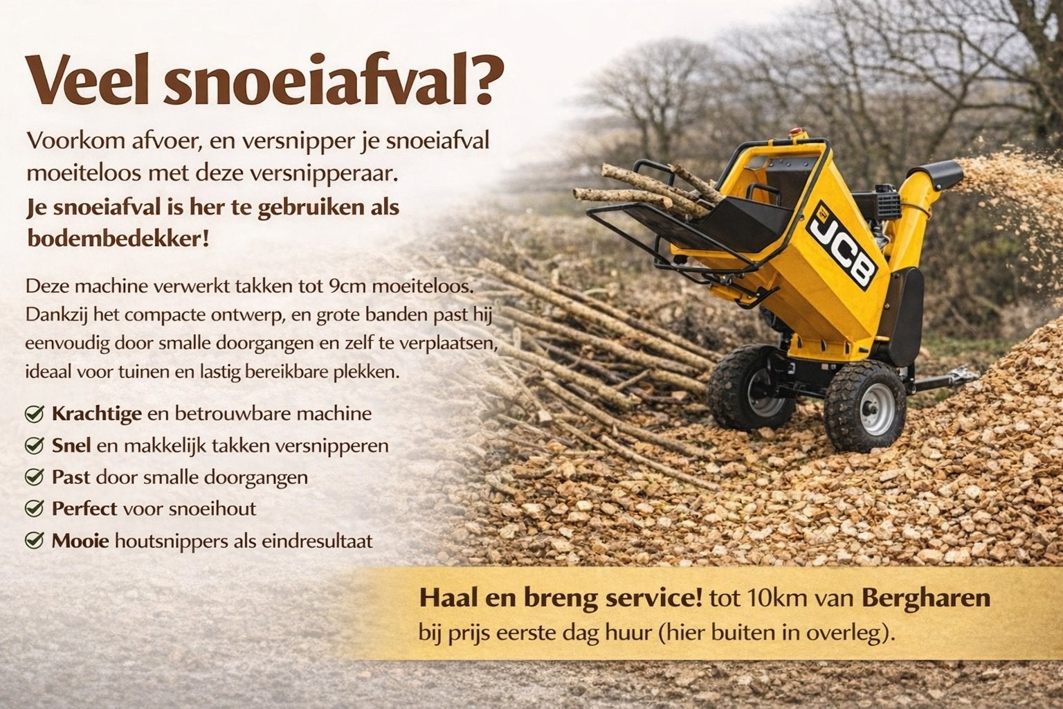 JCB hakselaar te huur, Tuin en Terras, Hakselaars, Ophalen, Nieuw, Benzine