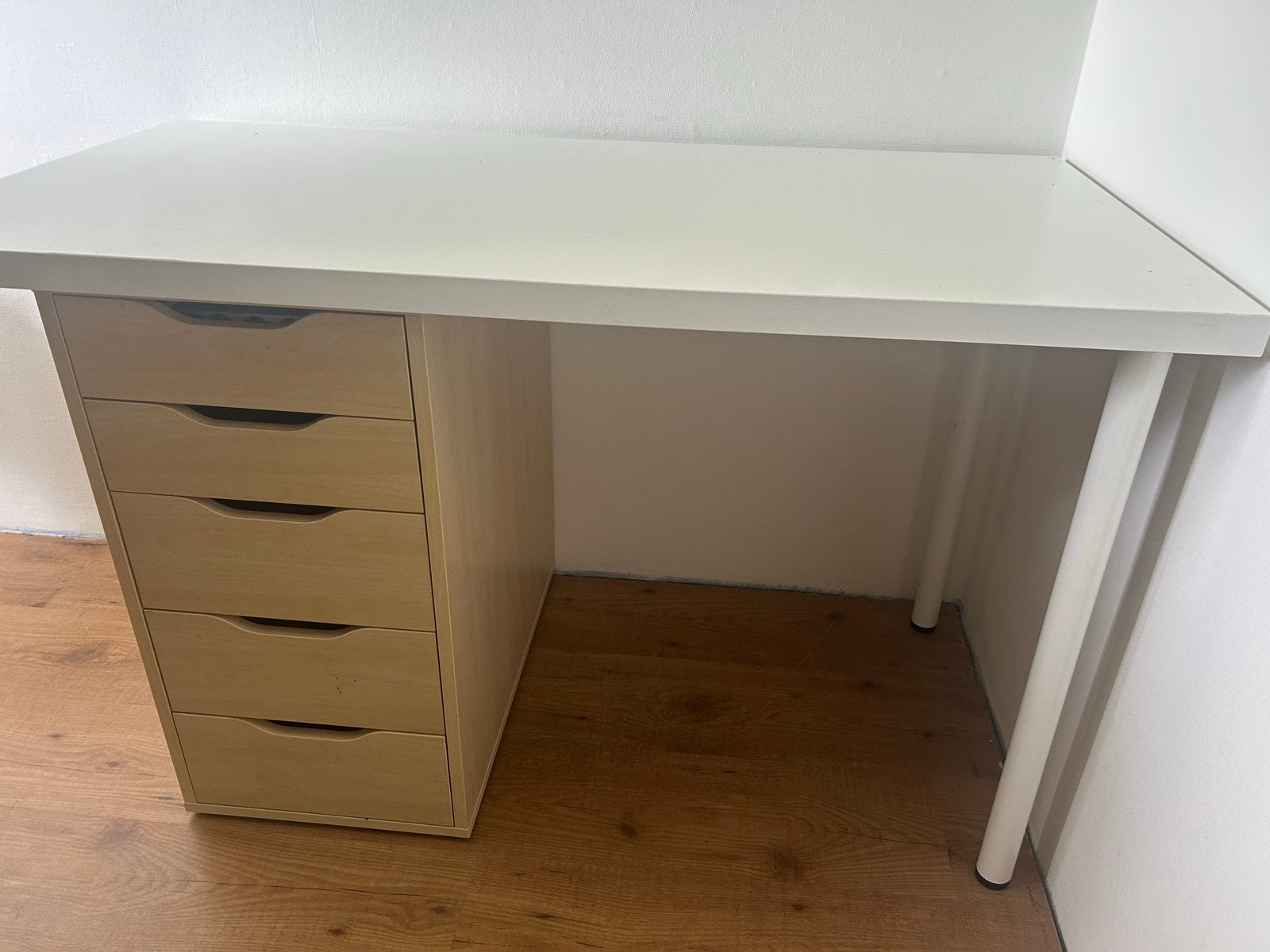 IKEA LAGKAPTEN / ALEX Bureau, wit/eiken effect, 120x60 cm, Ophalen, Met lades, Spaanplaat of MDF, Zo goed als nieuw