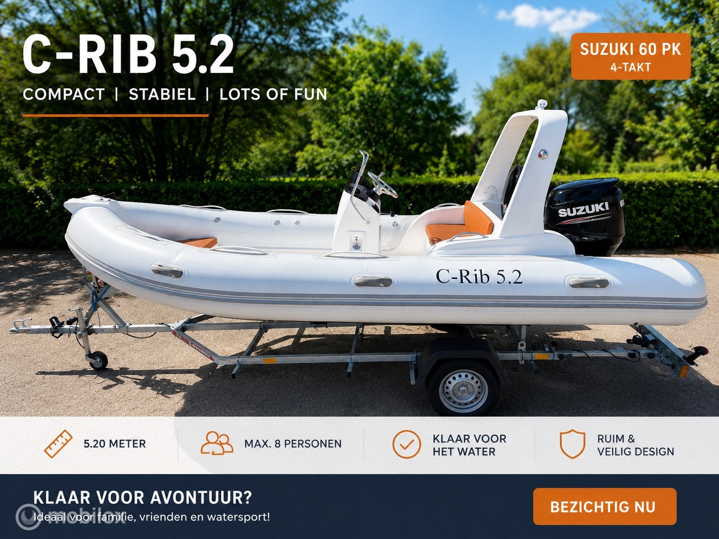 Nieuwe Rib 5.2 met Suzuki 60 PK + trailer - Full Options, Watersport en Boten, Rubberboten, Overige merken, -, -, Nieuw
