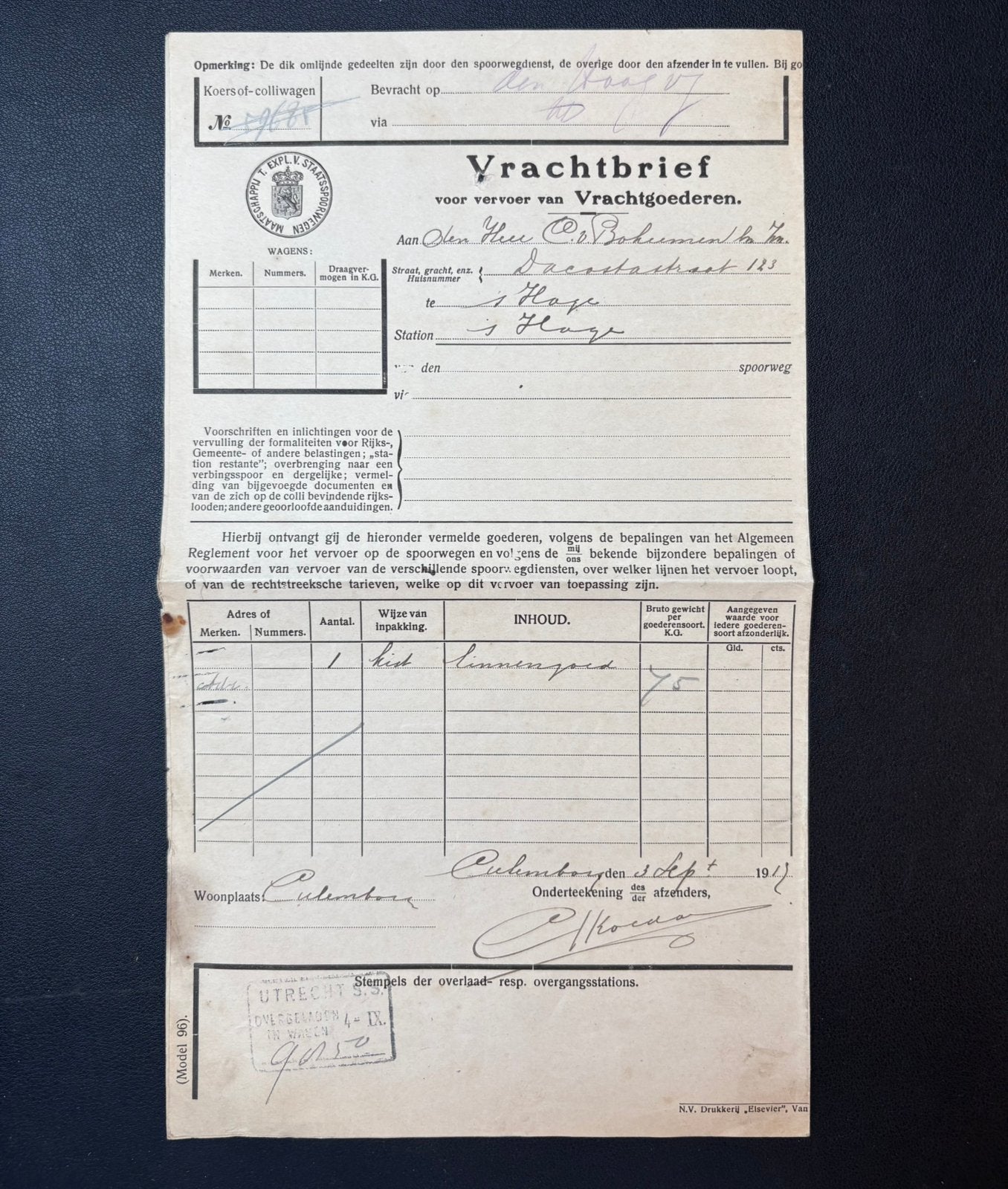 Vrachtbrief SS linnengoed van Culemborg naar Den Haag (1917), Ophalen of Verzenden, Gebruikt, Trein