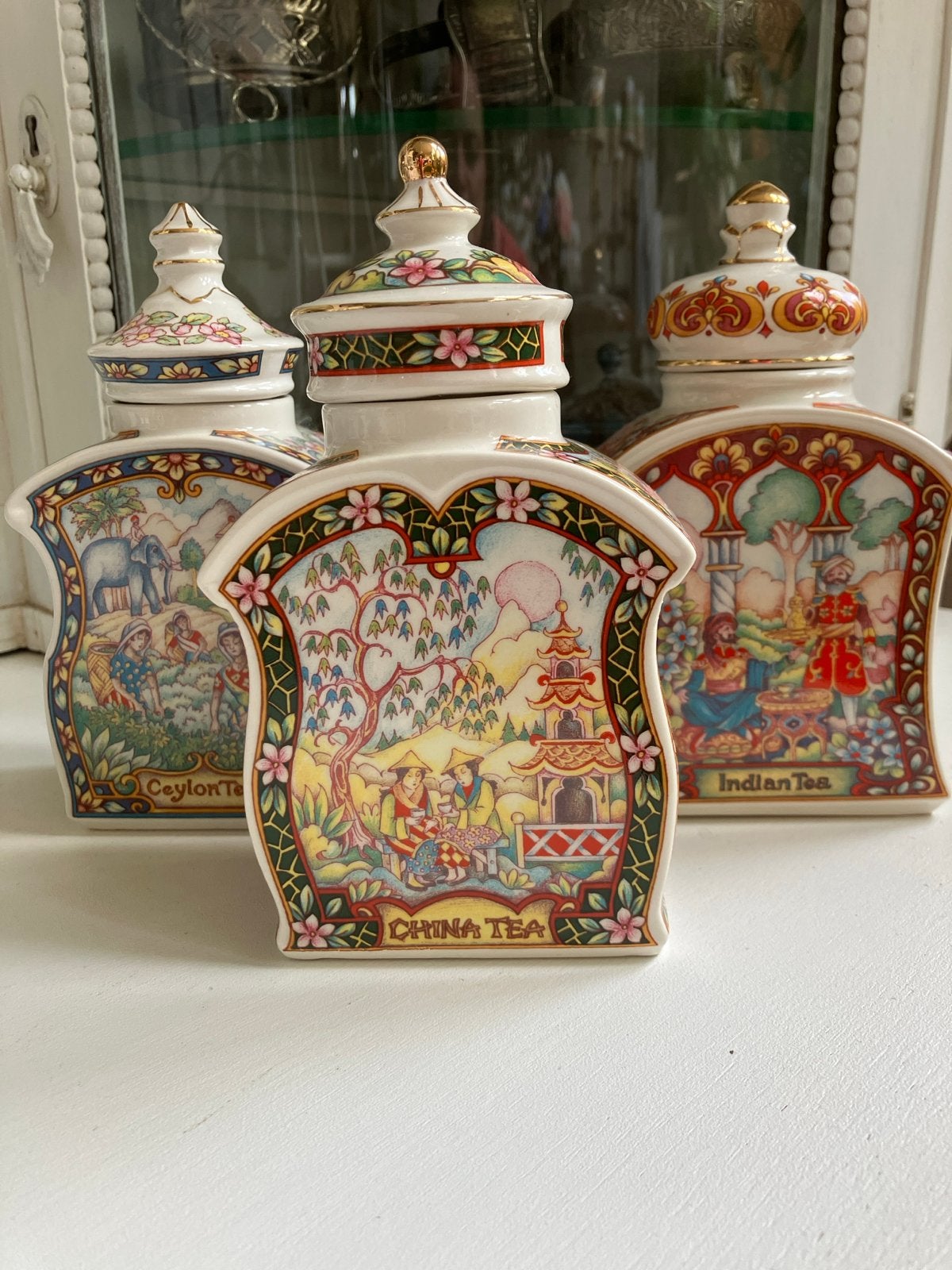 Set van 3 Vintage Thee Caddies: Ceylon, China, India, Ophalen
