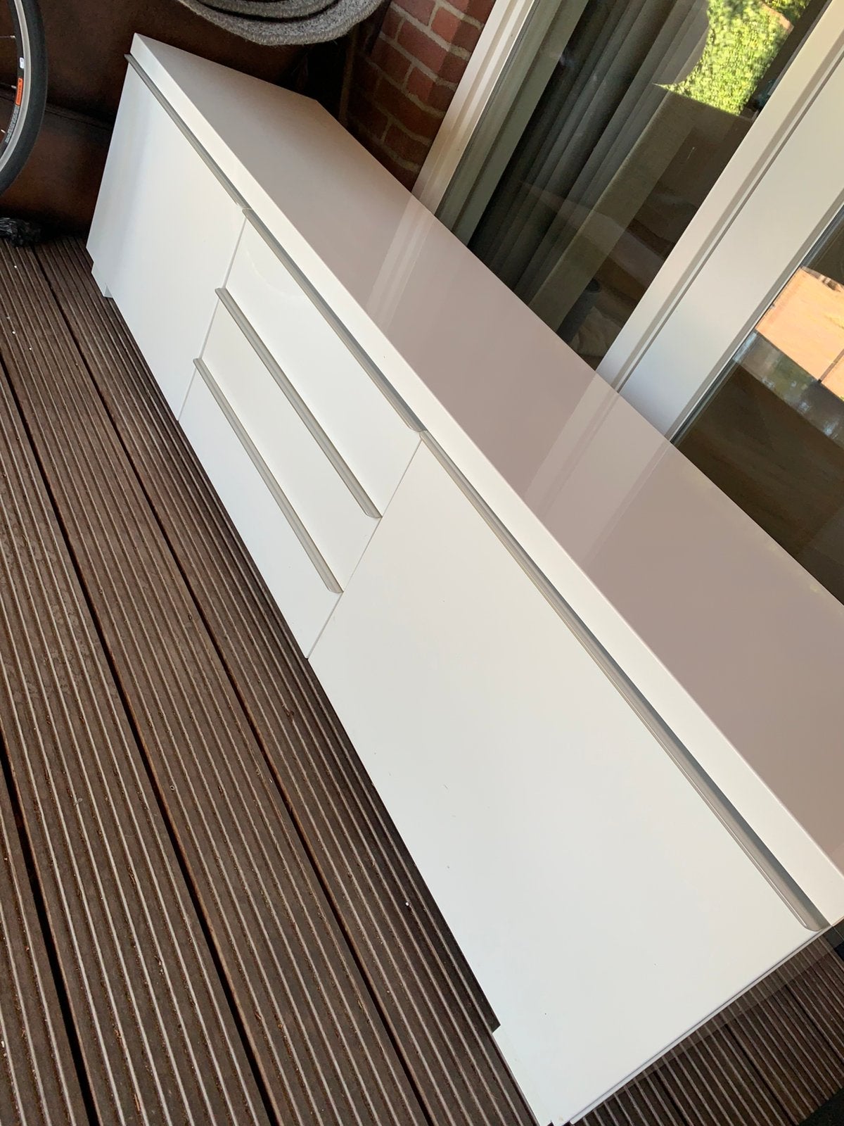 Hoogglans wit tv meubel 1.80 lang, Huis en Inrichting, Kasten | Televisiemeubels, Ophalen, Gebruikt, 150 tot 200 cm, Minder dan 100 cm
