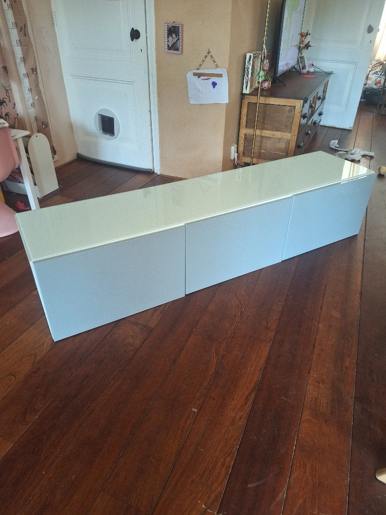 Ikea besta, licht blauw + glasplaat, Ophalen, Gebruikt, 150 tot 200 cm, Minder dan 100 cm