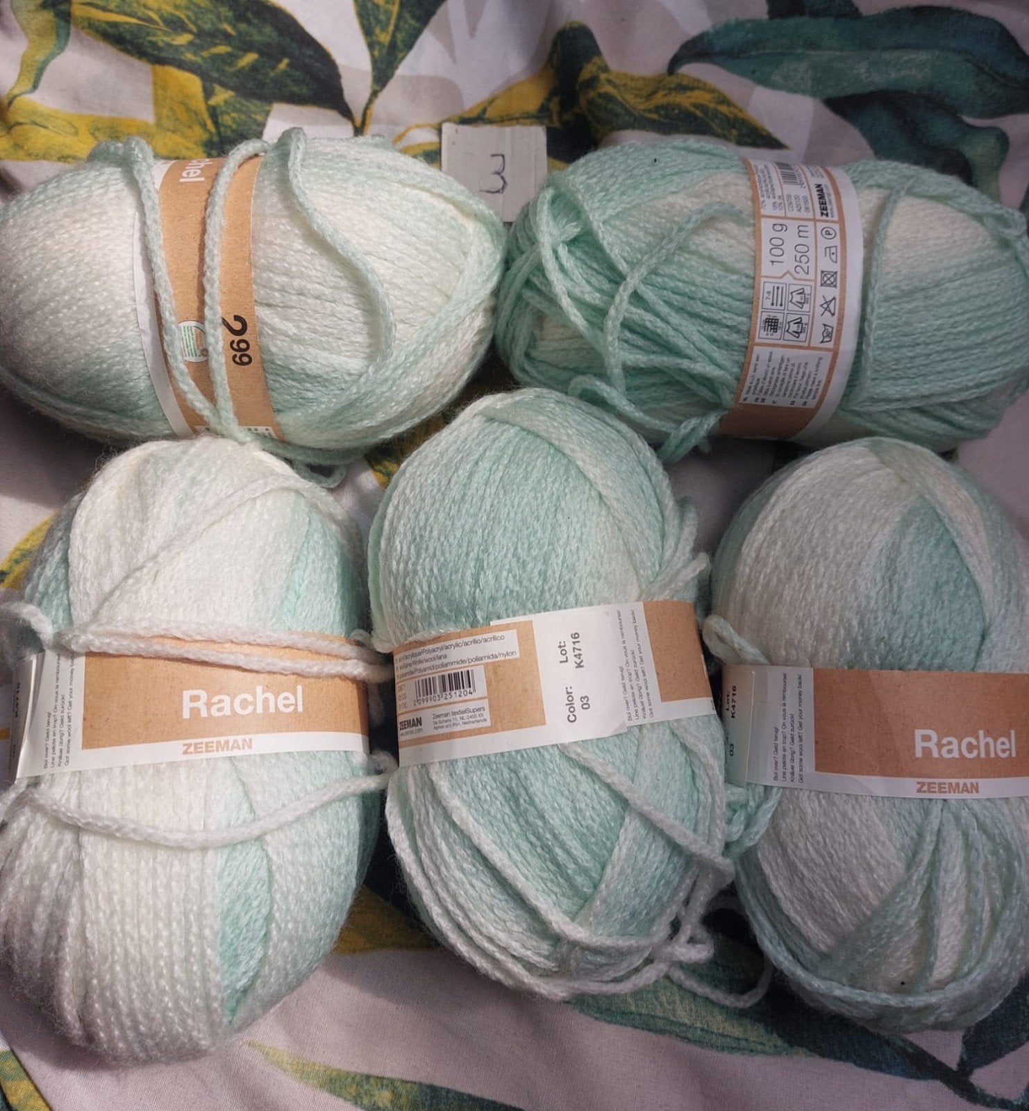 5 bollen wol mint groen/wit gemêleerd (Rachel), Hobby en Vrije tijd, Breien en Haken, Ophalen of Verzenden, Nieuw, Breien of Haken