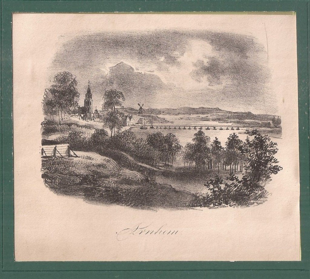 Arnhem. Gezicht op de stad met de Rijn, Antiek en Kunst, Kunst | Etsen en Gravures, 8 cm, 1800 - 1899, Stadsgezicht, Ophalen of Verzenden