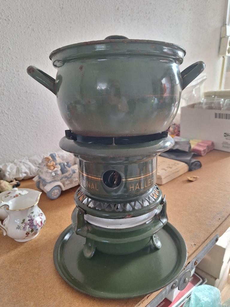Vintage Original Haller Petroleum Kooktoestel met Pan, Antiek en Kunst, Antiek | Emaille, Ophalen of Verzenden