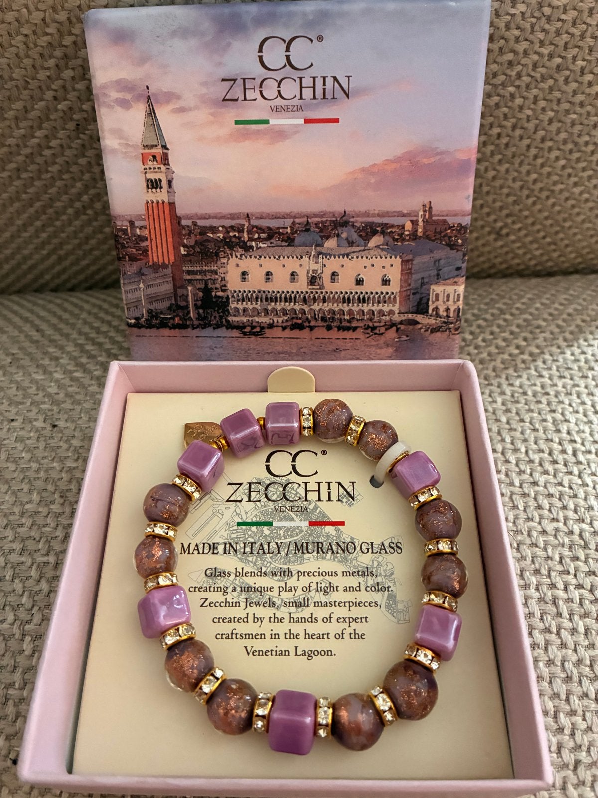 Zecchin Murano Glas Armband - Handgemaakt in Italië, Sieraden, Tassen en Uiterlijk, Armbanden, Overige materialen, Paars, Nieuw