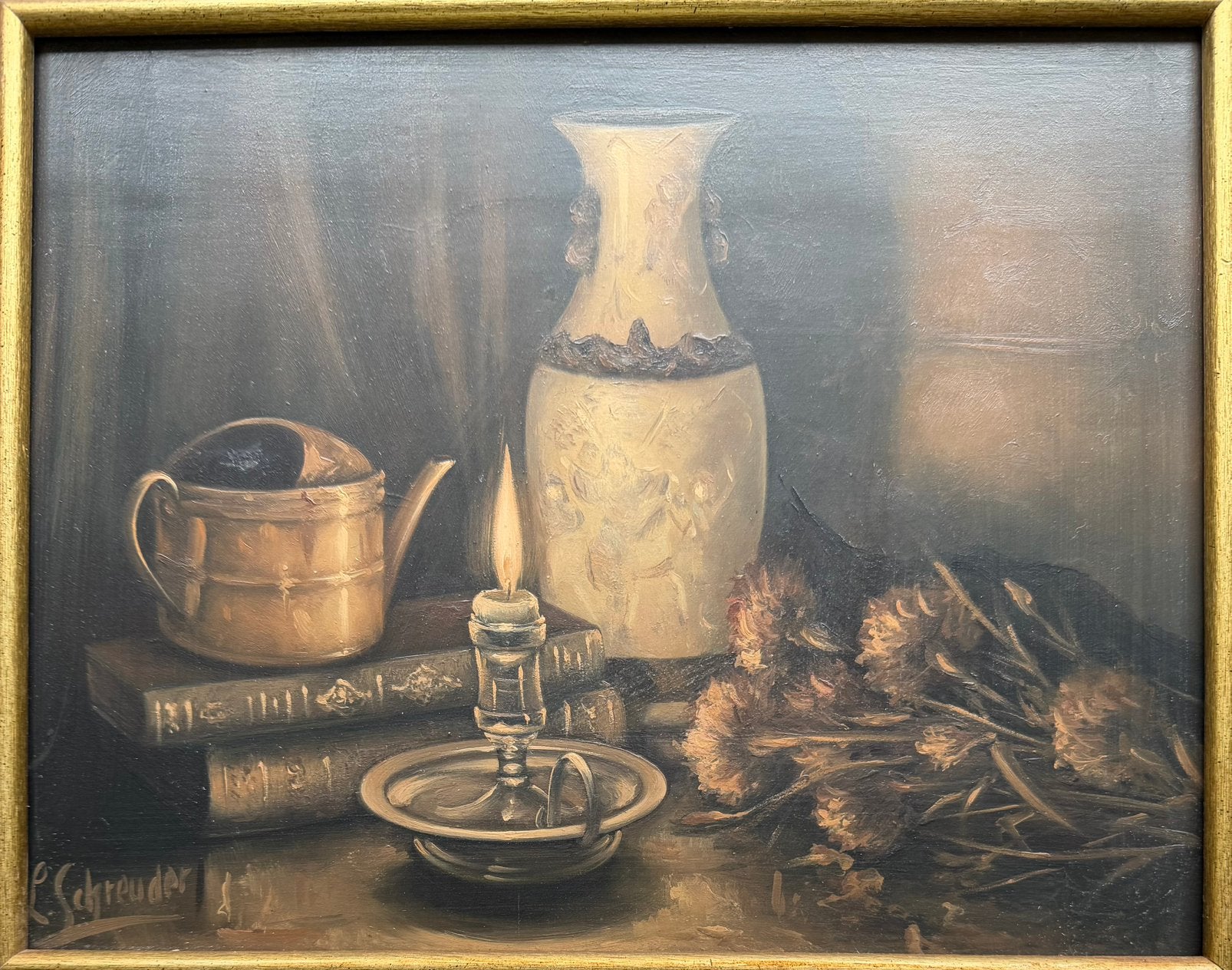 L. Schreuder - stilleven bij kaarslicht, Stilleven, Ophalen of Verzenden, Olieverf, Klassiek