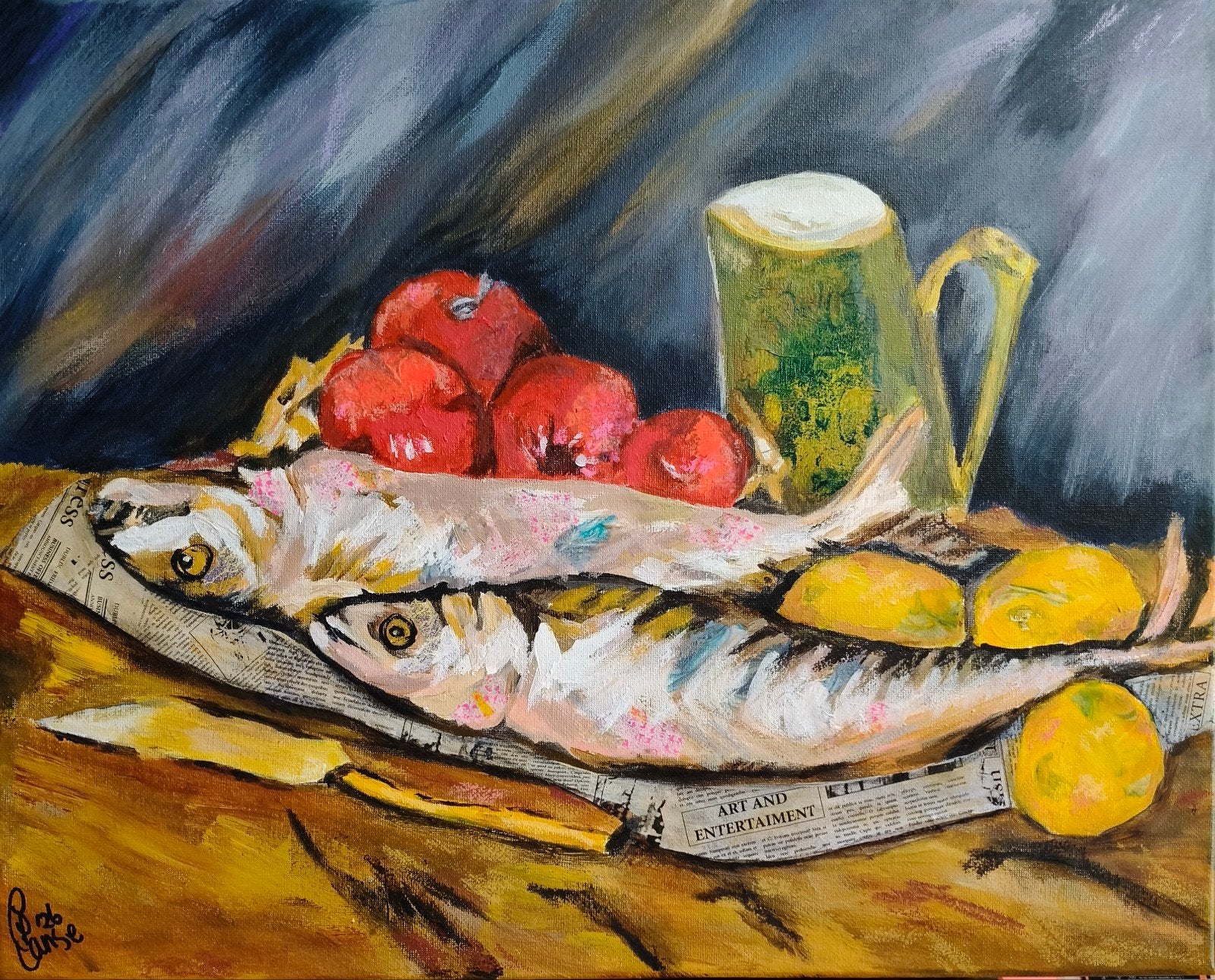 schilderij stilleven vissen, citroenen en tomaten, Ophalen of Verzenden
