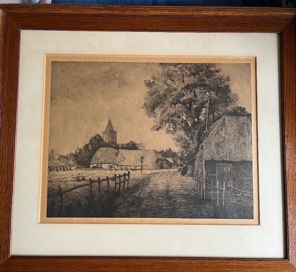 Ets boerderij door Jac. J. Koeman, Ophalen, Ingelijst, Ets, 46 cm