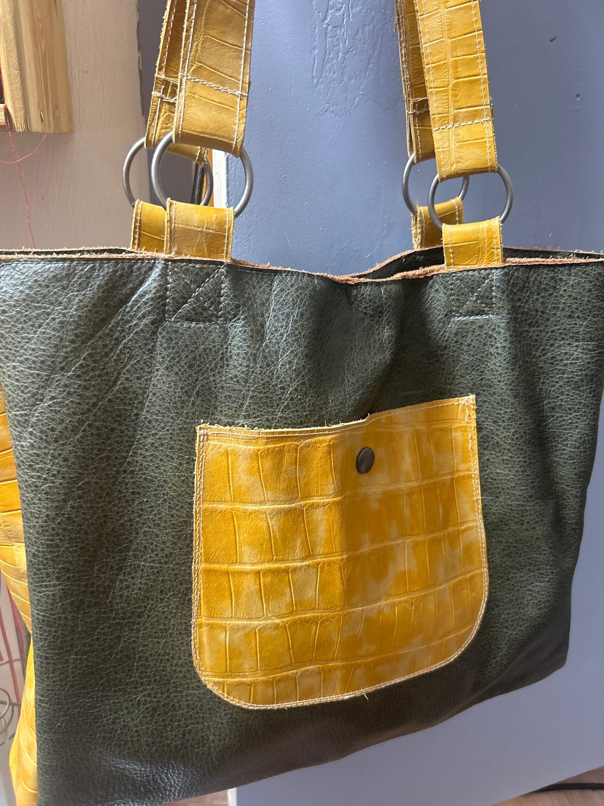 Shopper Tas - Groen met Geel van LEER Croco Patroon, Ophalen of Verzenden, Gebruikt, Groen, Shopper