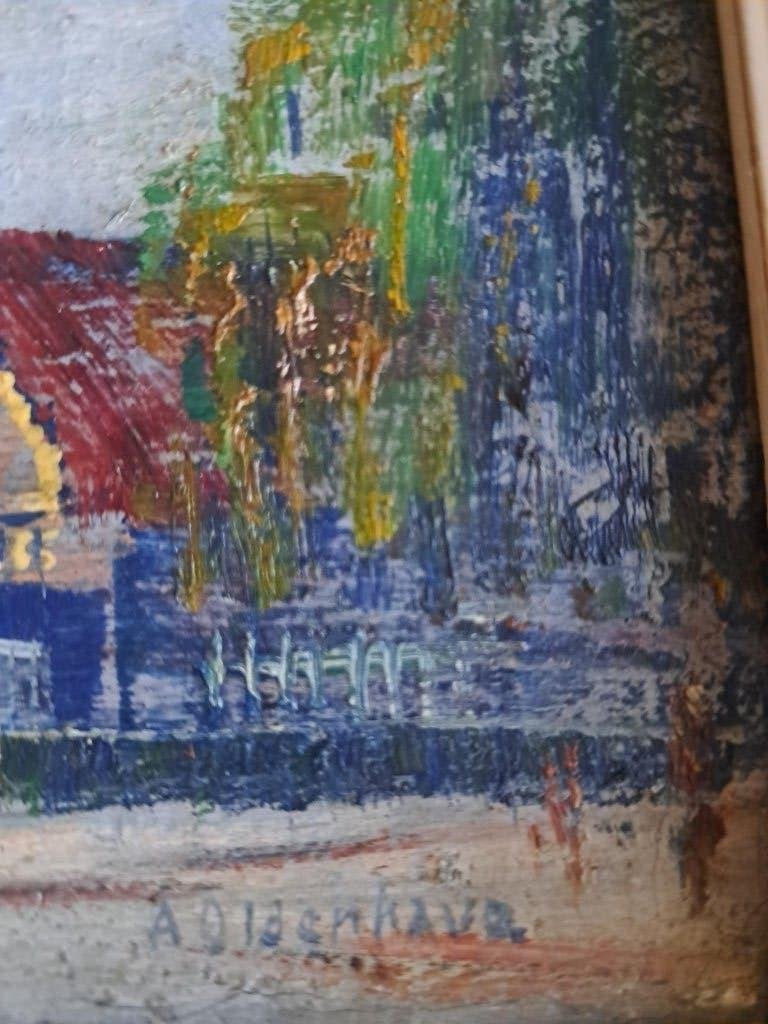 schilderij in lijst, Antiek en Kunst, Doek, Expressionistisch, Ophalen of Verzenden, Stads- / dorpsgezicht